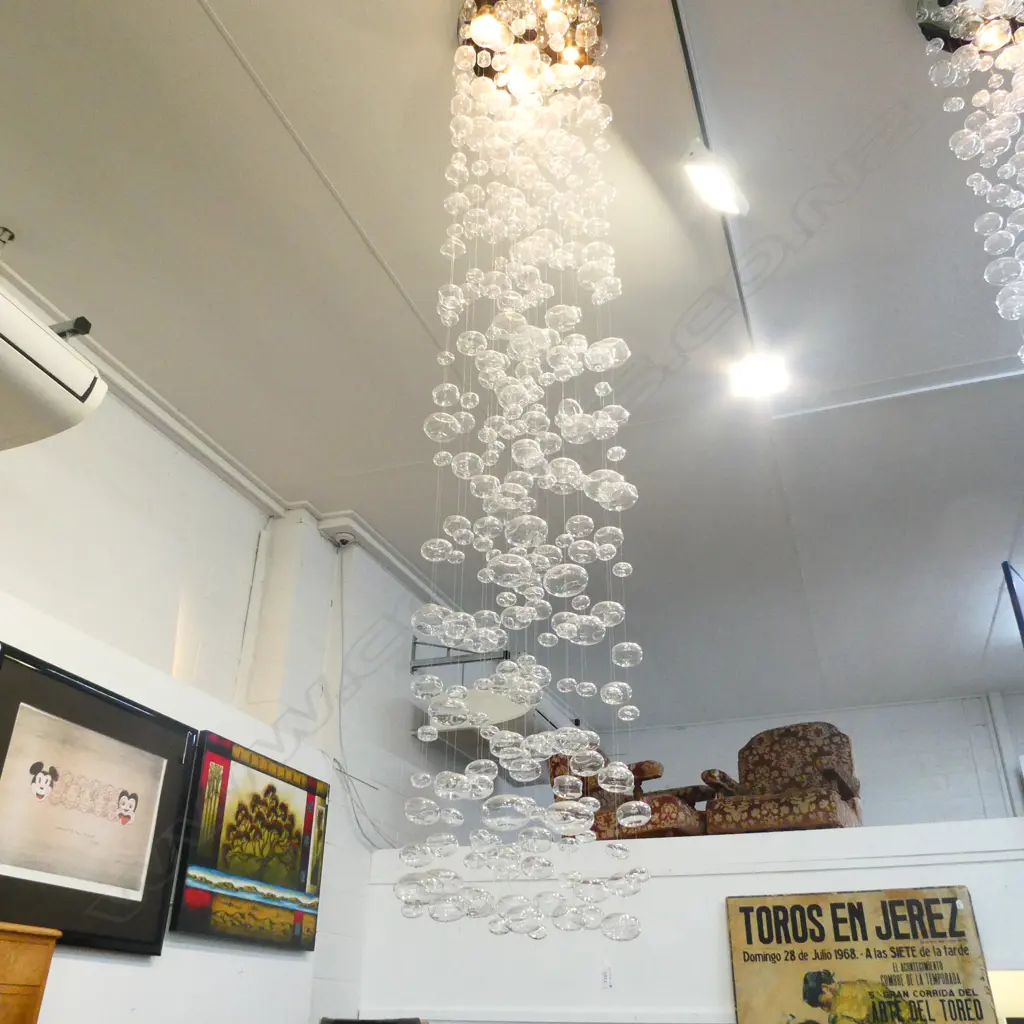CONTEMPORARY CEILING LIGHT FITTING of 20 WIRE SUSPENDED GLASS BAUBLES H.2.2m (possibly minor losses) Image 1++