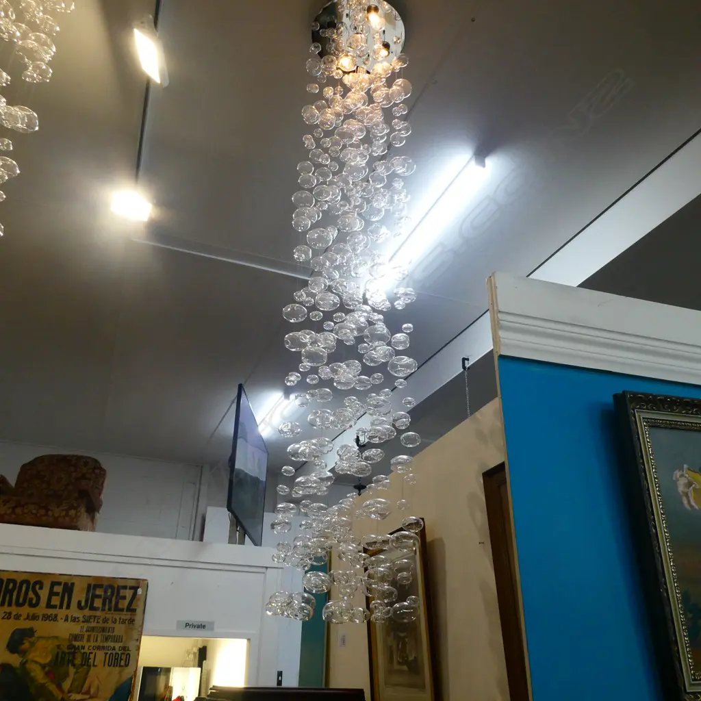 CONTEMPORARY CEILING LIGHT FITTING of 20 WIRE SUSPENDED GLASS BAUBLES H.2.2m (possibly minor losses) Image 1++