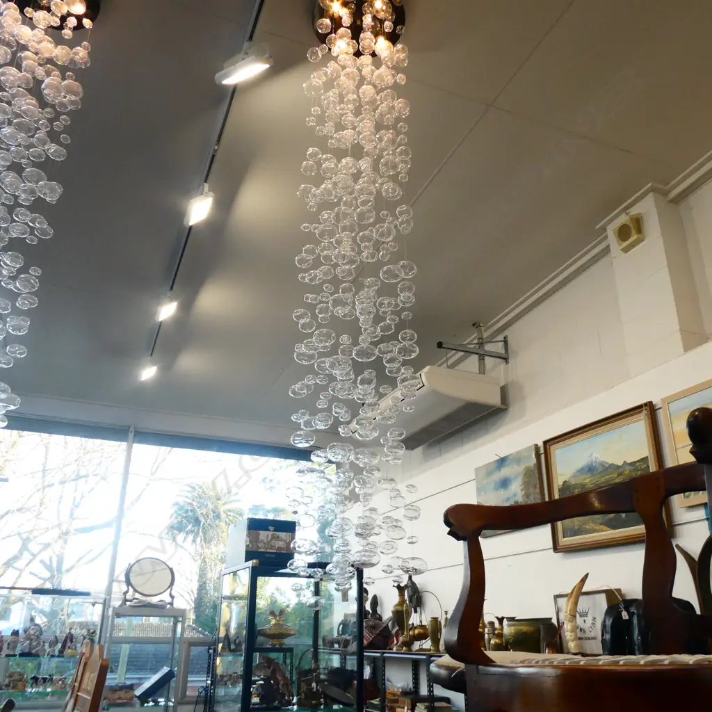 CONTEMPORARY CEILING LIGHT FITTING of 20 WIRE SUSPENDED GLASS BAUBLES H.2.2m (possibly minor losses) Image 1++