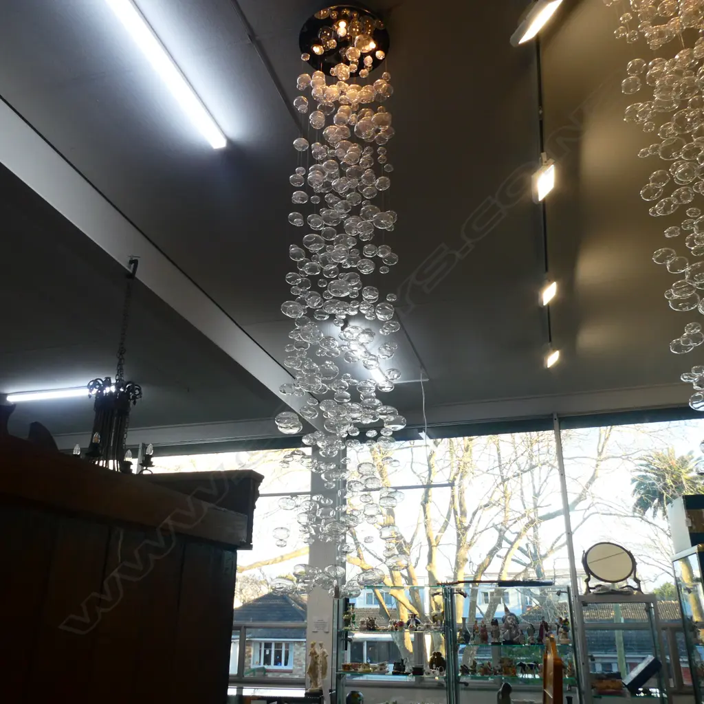 CONTEMPORARY CEILING LIGHT FITTING of 20 WIRE SUSPENDED GLASS BAUBLES H.2.2m (possibly minor losses) Image 1++