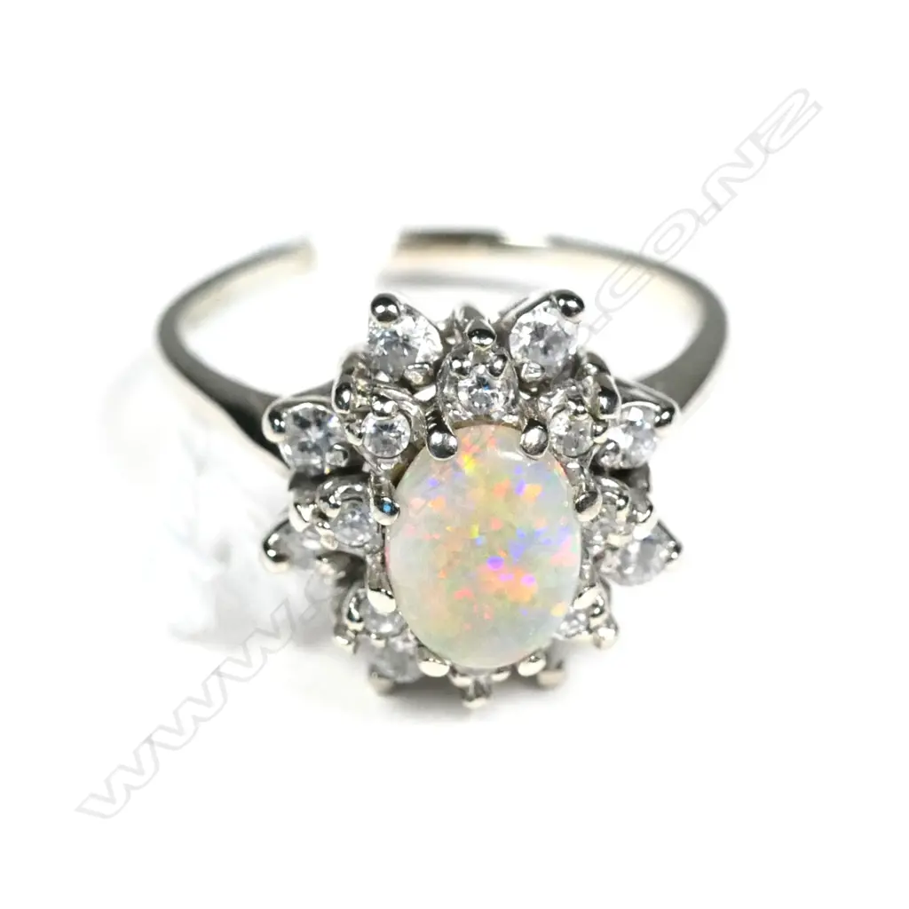 14k WHITE GOLD OPAL & CZ CLUSTER RING Image 1++