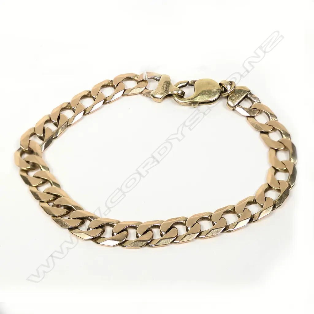 9ct GOLD FLAT CURB LINK BRACELET w PARROT BEACK CLASP. L.250mm. 27.5gm Image 1++