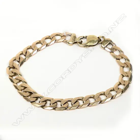 9ct GOLD FLAT CURB LINK BRACELET w PARROT BEACK CLASP. L.250mm. 27.5gm