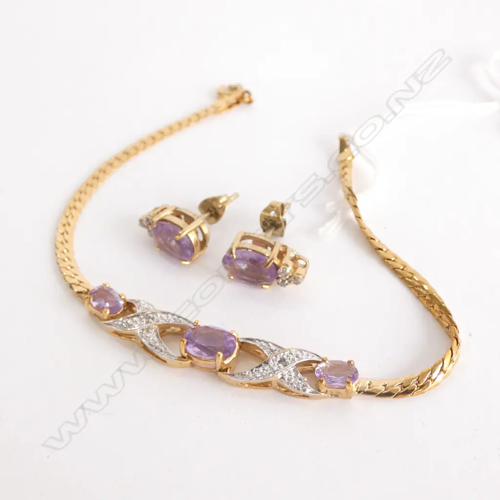 18CT GOLD PLATE AMETHYST BRACELET & EARRINGS Image 1++
