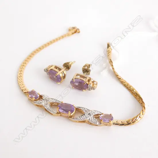 18CT GOLD PLATE AMETHYST BRACELET & EARRINGS