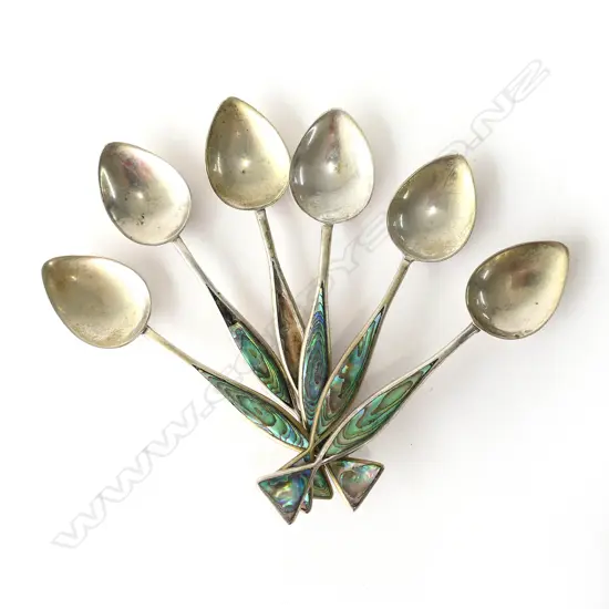 SET OF SIX S/SILVER FISH TAIL & PAUA COFFEE SPOONS, LOSSES TO ONE