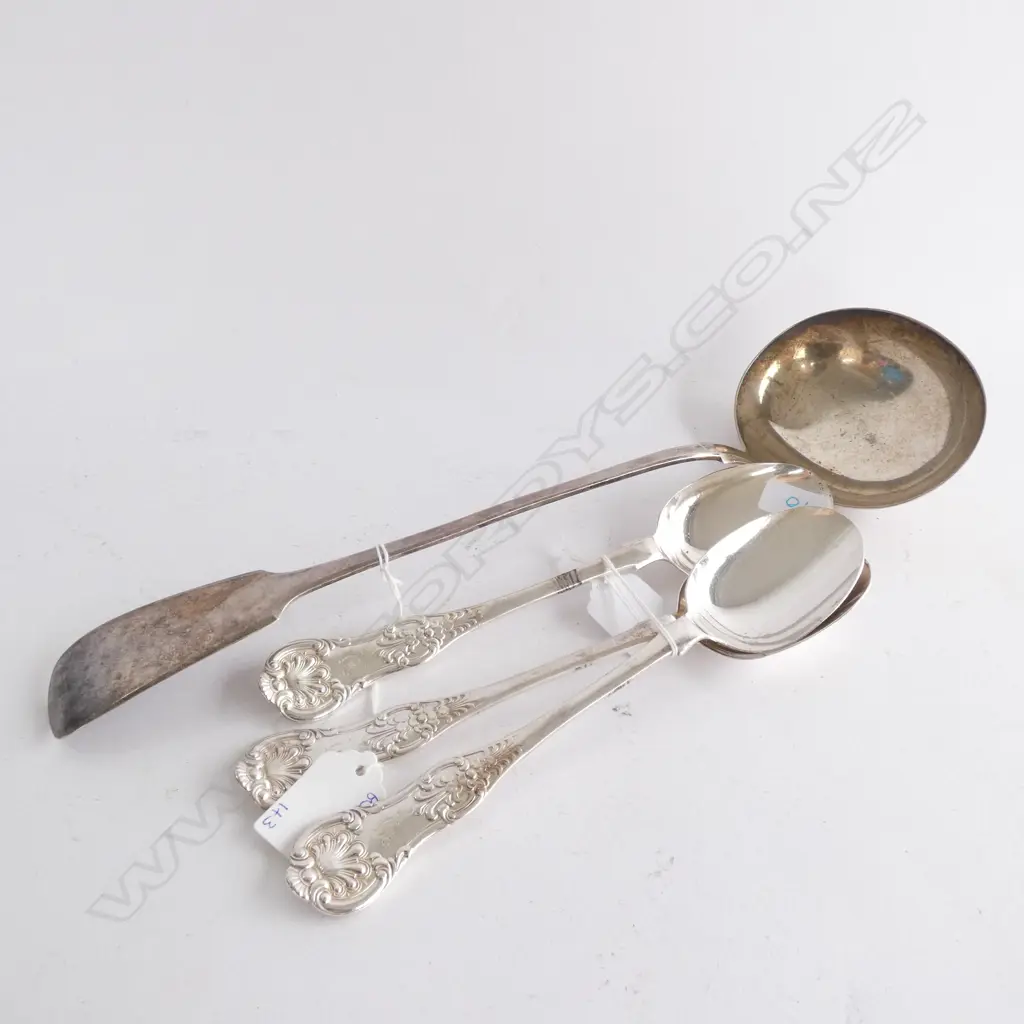 SILVER PLATED SOUP LADLE & THREE SERVING SPOONS Image 1++