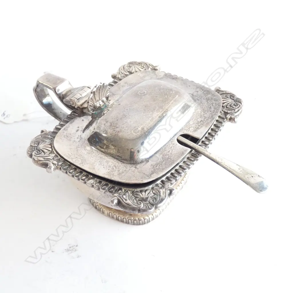SILVER MUSTARD POT, LONDON 1912 by CATCHPOLE & WILLIAMS LTD, w BLUE GLASS LINER  Image 1++