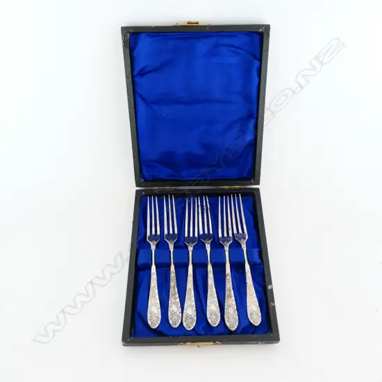 SET OF SIX ANTIQUE SILVER PLATE DESSERT FORKS, BOXED
