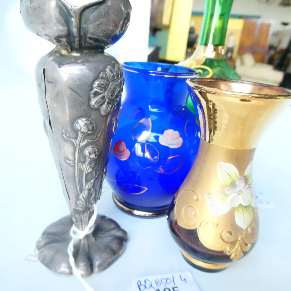 3 VENETIAN GLASS VASES H. 180MM + STG SILVER VASE 32 GRAMS Image 1++