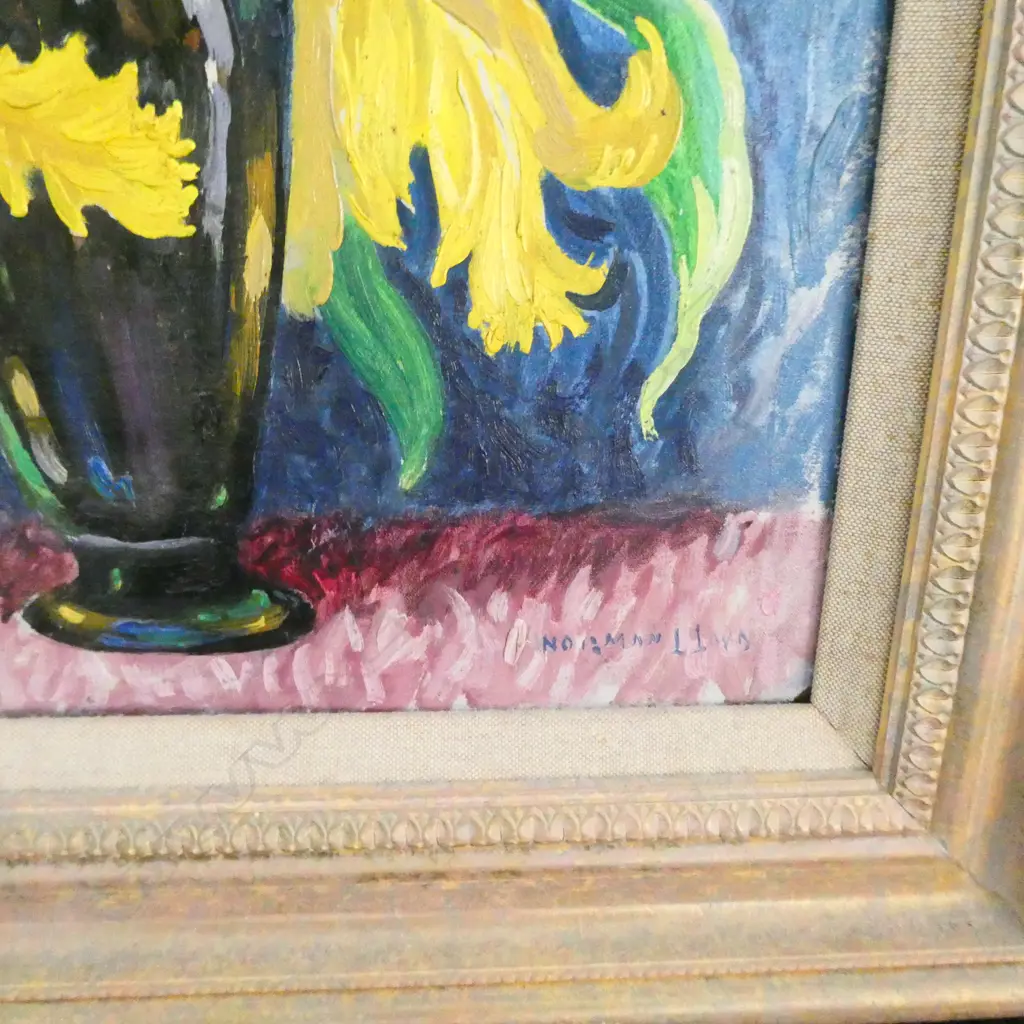 NORMAN LLOYD (AUST.) 'TULIPS STILL LIFE' OIL 390 X 315MM SMALL CHIP TO FRAME Image 1++