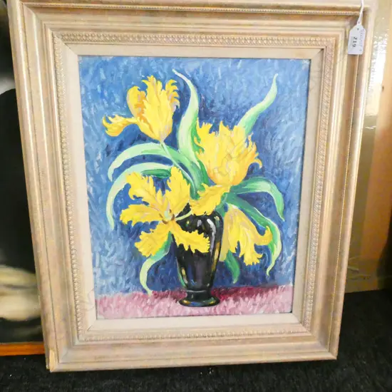 NORMAN LLOYD (AUST.) 'TULIPS STILL LIFE' OIL 390 X 315MM SMALL CHIP TO FRAME