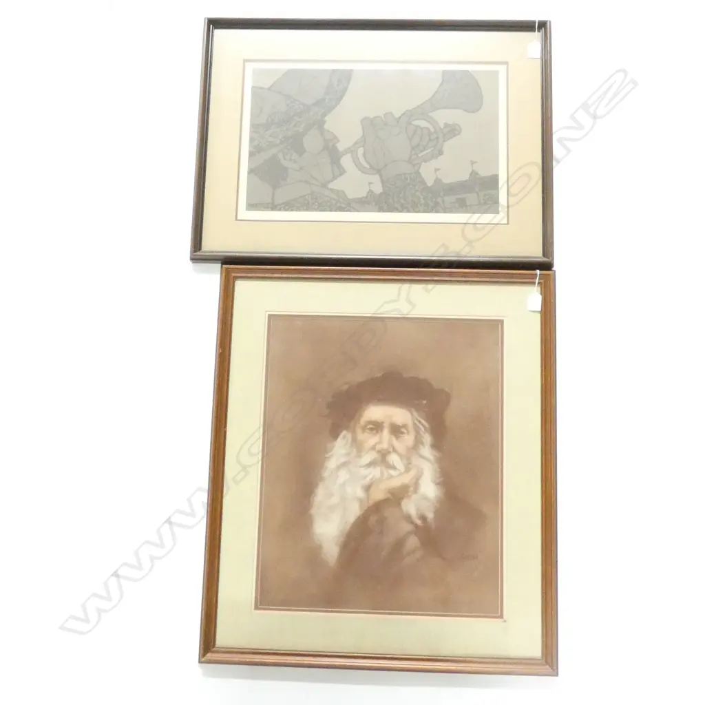 2 ARTWORKS; SIGNED HORN PLAYER PRINT + LUCAS PRINT 545 X 445MM Image 1++