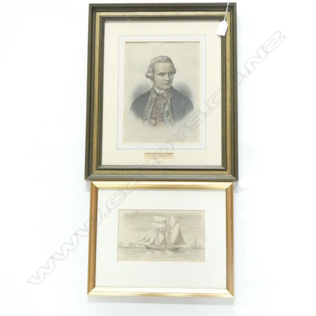 2 ARTWORKS; THOMAS RYAN, SCHOONER 'DART' W/C 120 X 205MM + STEEL ENGRAVING OF CAPT COOK  Image 1++