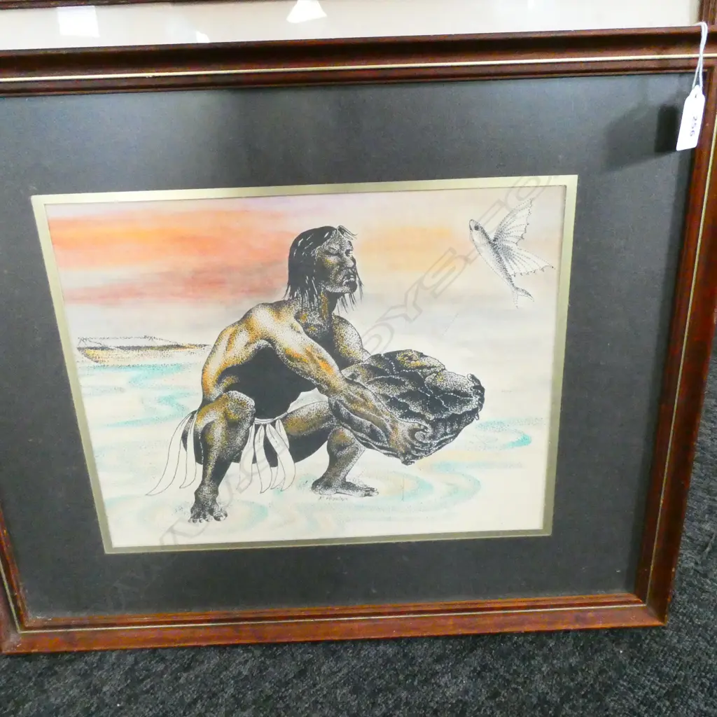 P. PEYROUX INK & W/C POINTILLIST SKETCH (COOK ISLANDS?) 260 x 340mm Image 1++