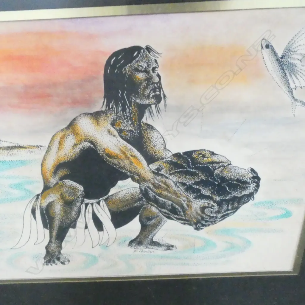 P. PEYROUX INK & W/C POINTILLIST SKETCH (COOK ISLANDS?) 260 x 340mm Image 1++