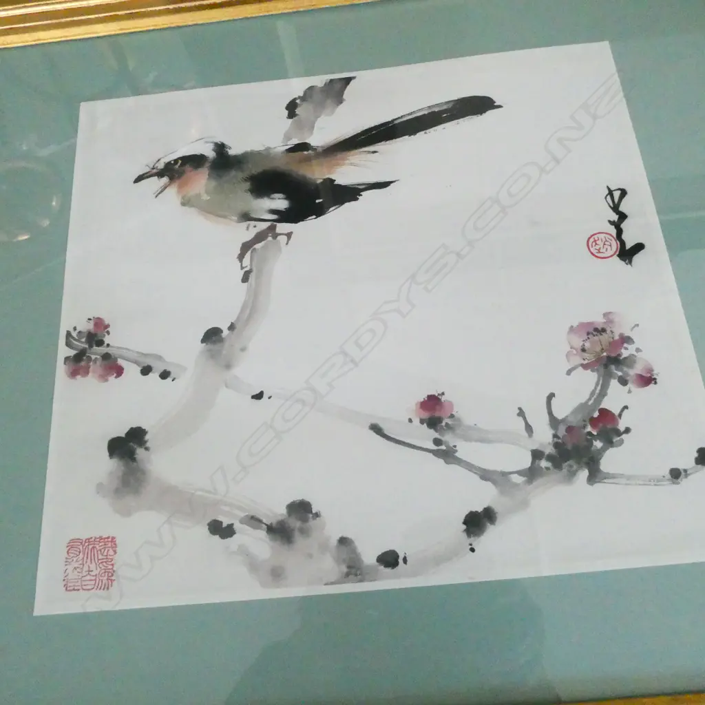 ORIENTAL PRINT IN OAK FRAME + BIRD W/C 295 X 320MM + ASIAN PRINT Image 1++