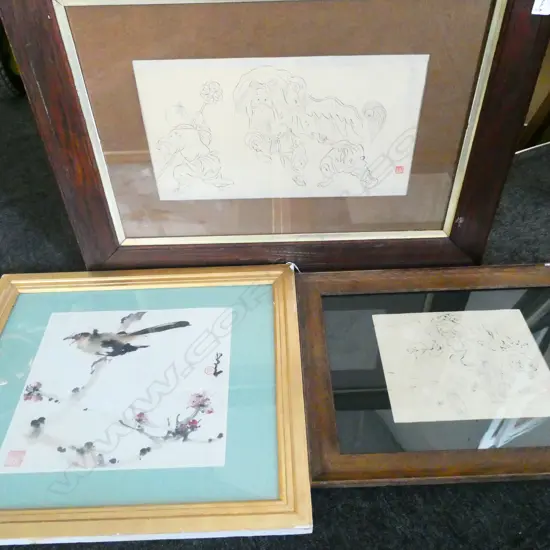 ORIENTAL PRINT IN OAK FRAME + BIRD W/C 295 X 320MM + ASIAN PRINT