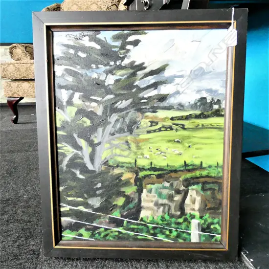 'GIBBS FARM & SHEEP, MANIU COAST TARANAKI' SIGNED CARTER OIL 1988 485 X 380MM