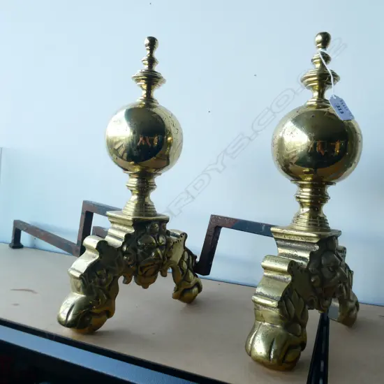 PAIR CLASSICAL BRASS + IRON FIRE DOGS