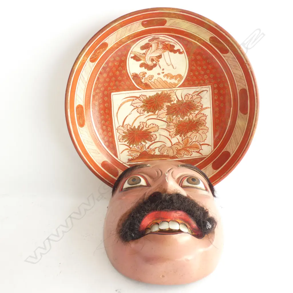 JAPANESE KUTANI WARE BOWL OLD REPAIR 245MM DIA + BALINESE MASK Image 1++