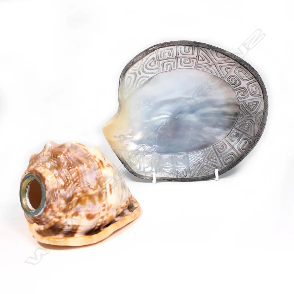 CARVED CONCH SHELL LAMP FITTING H. 135MM & CARVED TAHITIAN SHELL PLATE  195 X 170MM Image 1++