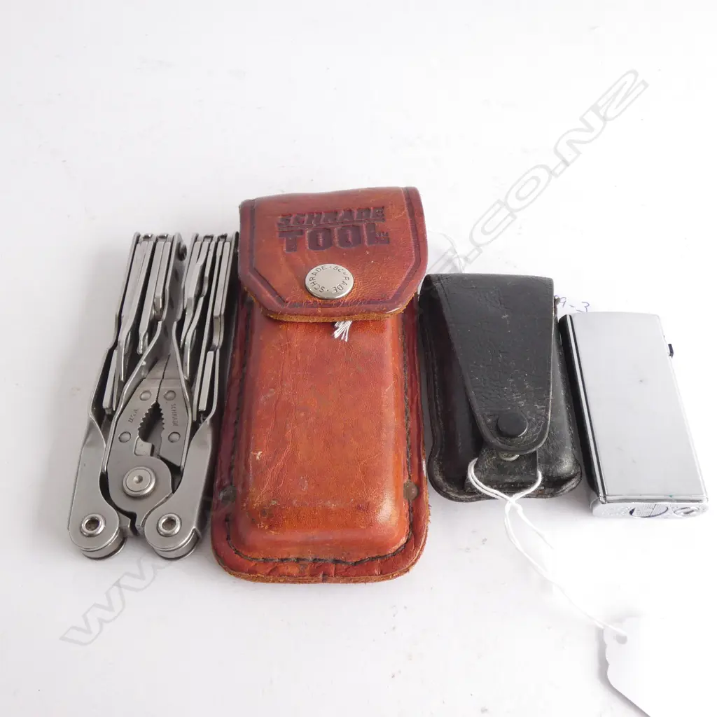 SCHRADE TOOL IN LEATHER POUCH AND A LIGHTER Image 1++