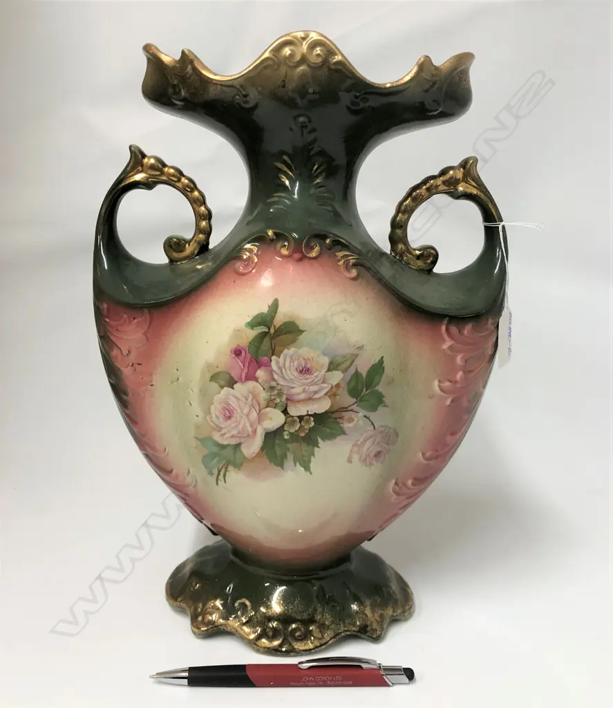 LGE VICTORIAN CERAMIC MANTLE VASE ROSE DECORATED H.340mm Image 1++