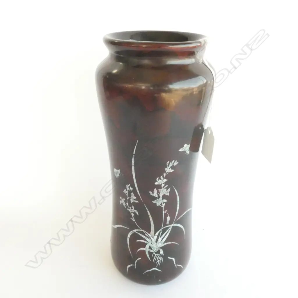 JAPANESE WOODEN VASE, SHELL INLAY , H. 295MM Image 1++