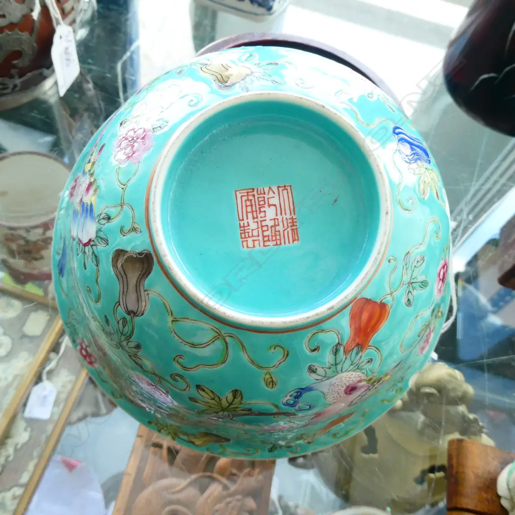 CHINESE GREEN FAMILLE ROSE BOWL WITH BUTTERFLIES & WOODEN STAND. DIA 175MM Image 1++