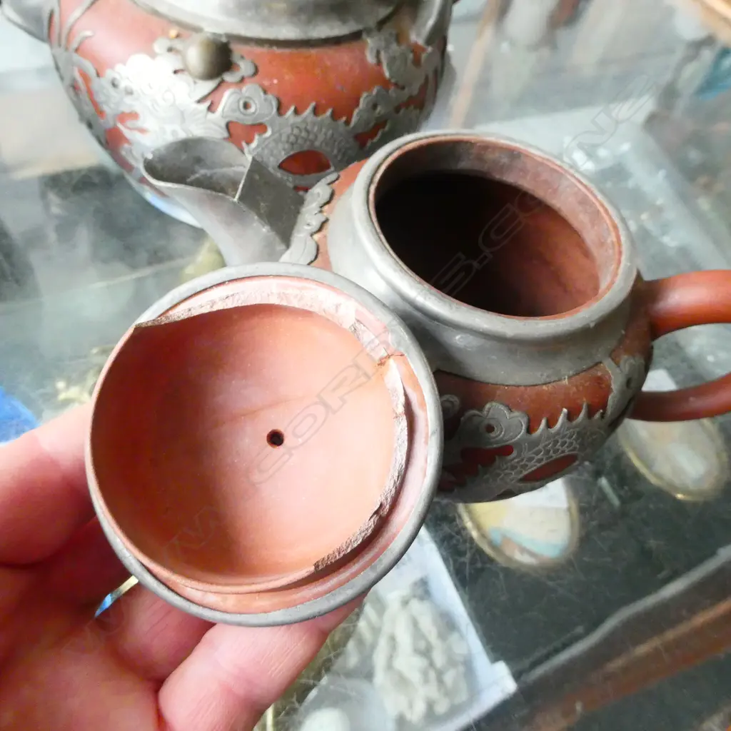 3PC TERRACOTTA WITH PEWTER OVERLAY CHINESE TEA SET  Image 1++