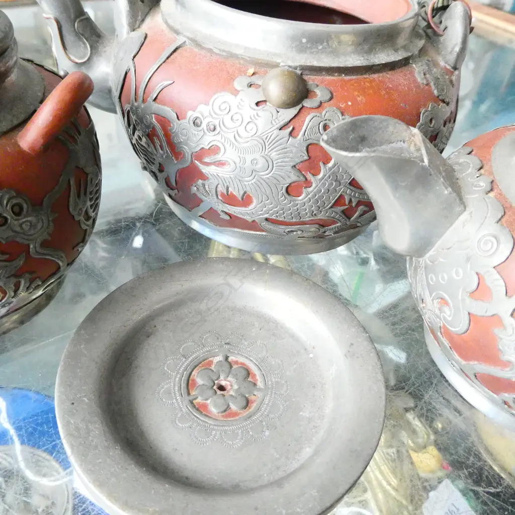 3PC TERRACOTTA WITH PEWTER OVERLAY CHINESE TEA SET  Image 1++