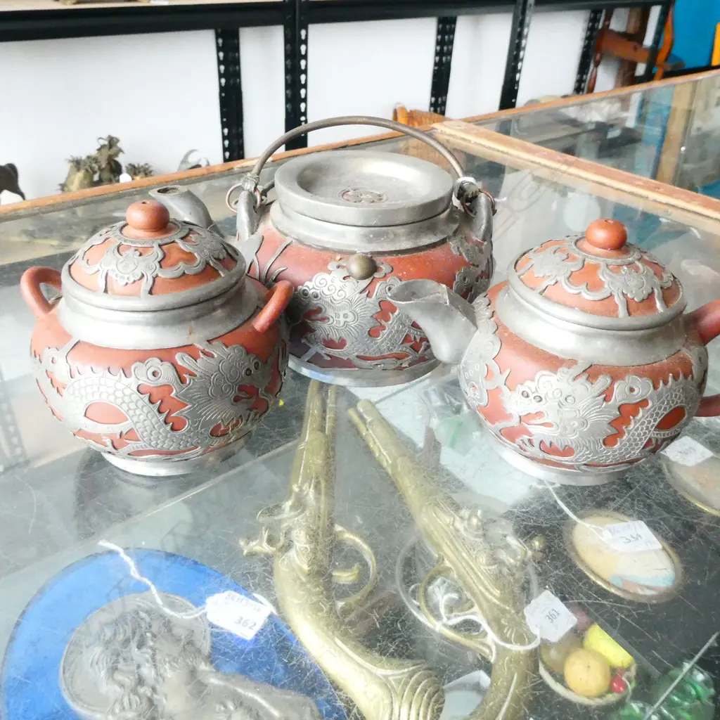 3PC TERRACOTTA WITH PEWTER OVERLAY CHINESE TEA SET  Image 1++