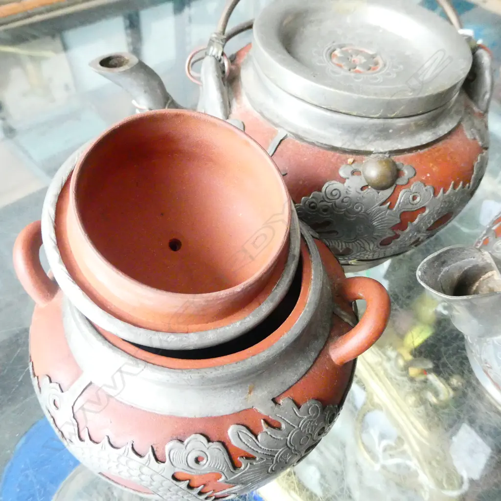 3PC TERRACOTTA WITH PEWTER OVERLAY CHINESE TEA SET  Image 1++