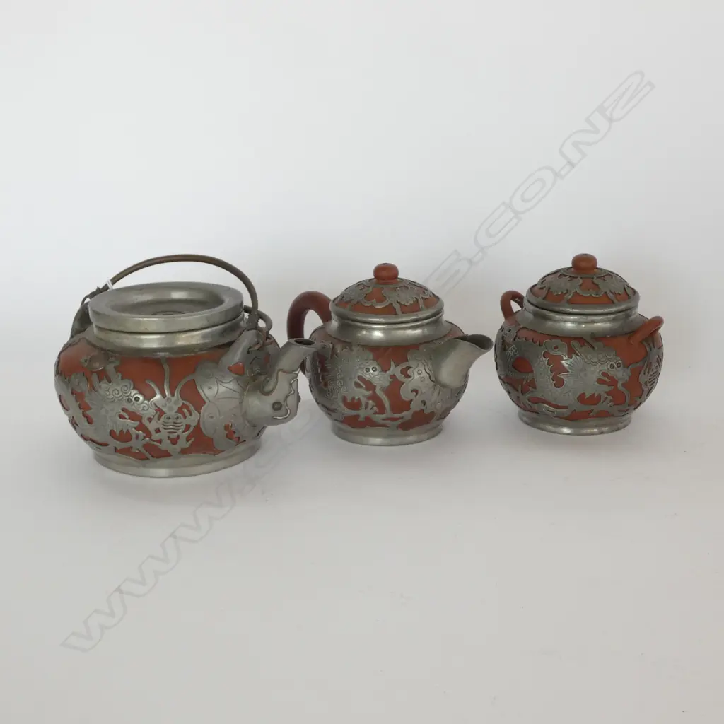 3PC TERRACOTTA WITH PEWTER OVERLAY CHINESE TEA SET  Image 1++