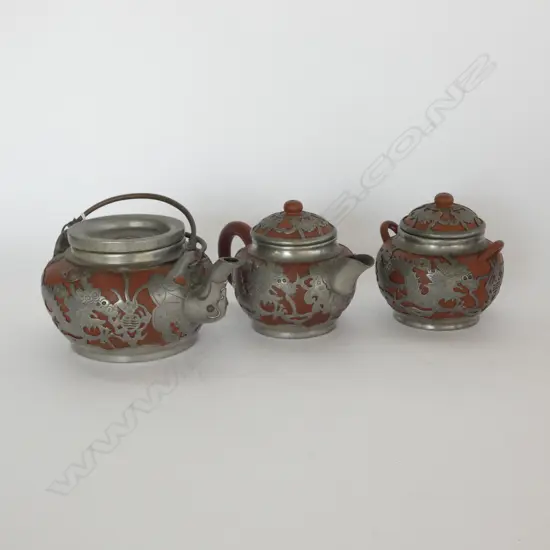3PC TERRACOTTA WITH PEWTER OVERLAY CHINESE TEA SET 