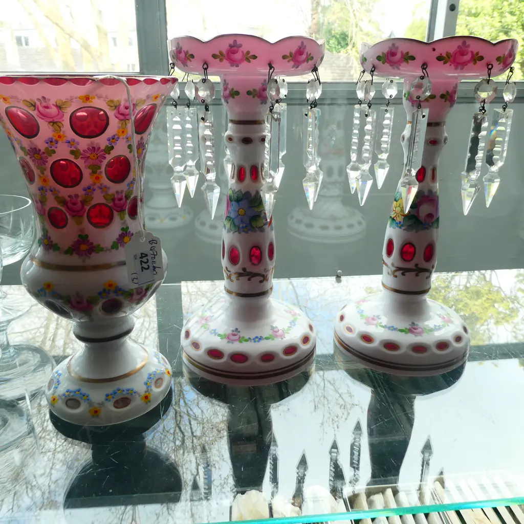 PR VENETIAN GLASS ENAMELLED LUSTRES + MATCHED VASE Image 1++