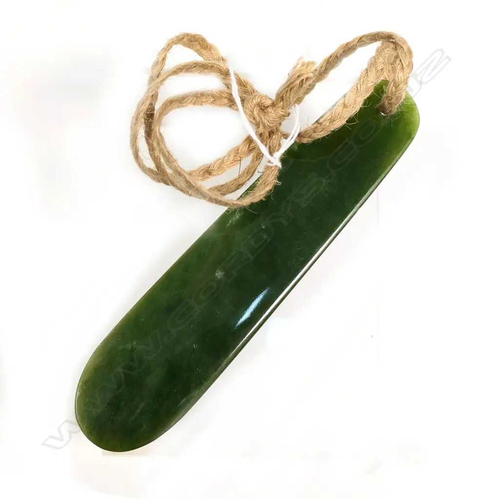 LG GREENSTONE TEARDROP POUNAMU - 170 X 40MM SUSPENSION HOLE WITH PLAITED TWINE. Image 1++