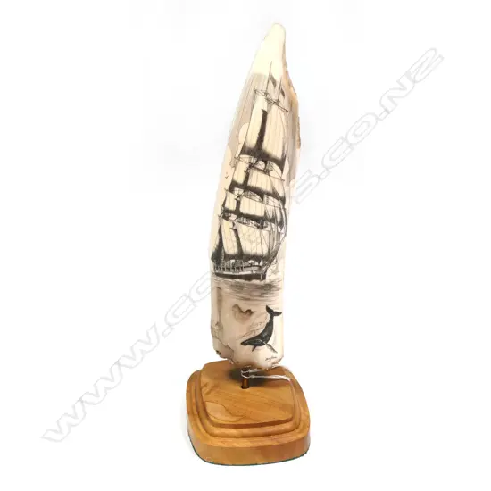 DOUG FINE SCRIMSHAW MAMMOTH TUSK SAILING SHIP L.195mm