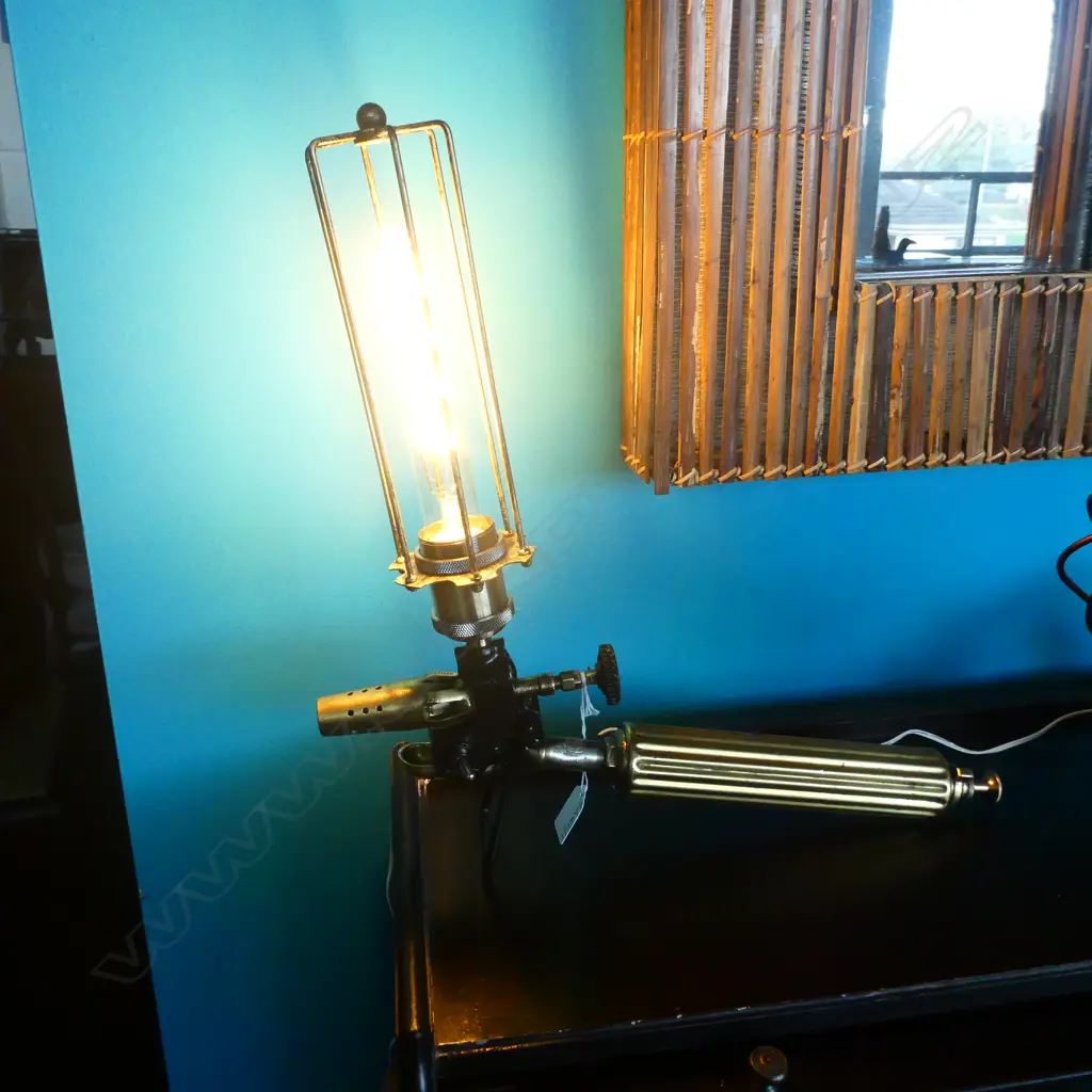 HANDMADE LIGHT H. 405MM OLD BRASS BLOW TORCH LAMP  REPURPOSED Image 1++