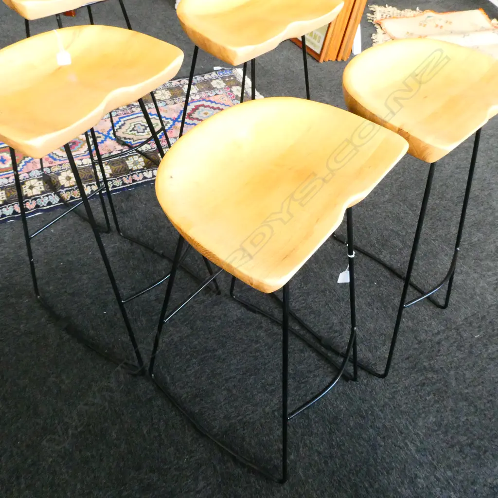 5 DESIGNER BAR STOOLS, METAL FRAMED TIMBER TOPPED Image 1++