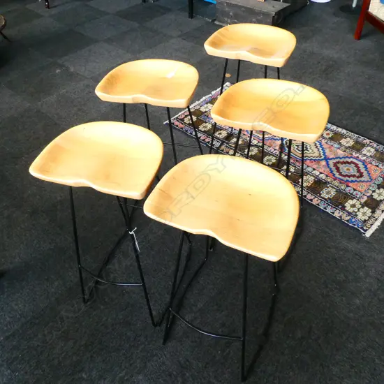 5 DESIGNER BAR STOOLS, METAL FRAMED TIMBER TOPPED
