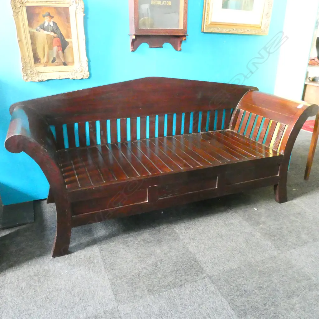 CHINESE WOODEN SLATTED DAY BED SPLAYED ARMS TEAK WIDTH.2015  Image 1++