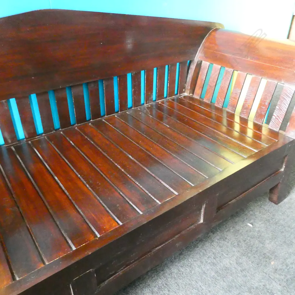 CHINESE WOODEN SLATTED DAY BED SPLAYED ARMS TEAK WIDTH.2015  Image 1++