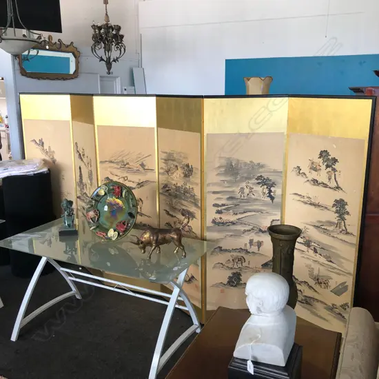 LG LATE EDO PERIOD JAPANESE 6 PANEL SCREEN - PAINTING ACROSS ALL PANELS ON GOLD LEAF - H. 1720MM