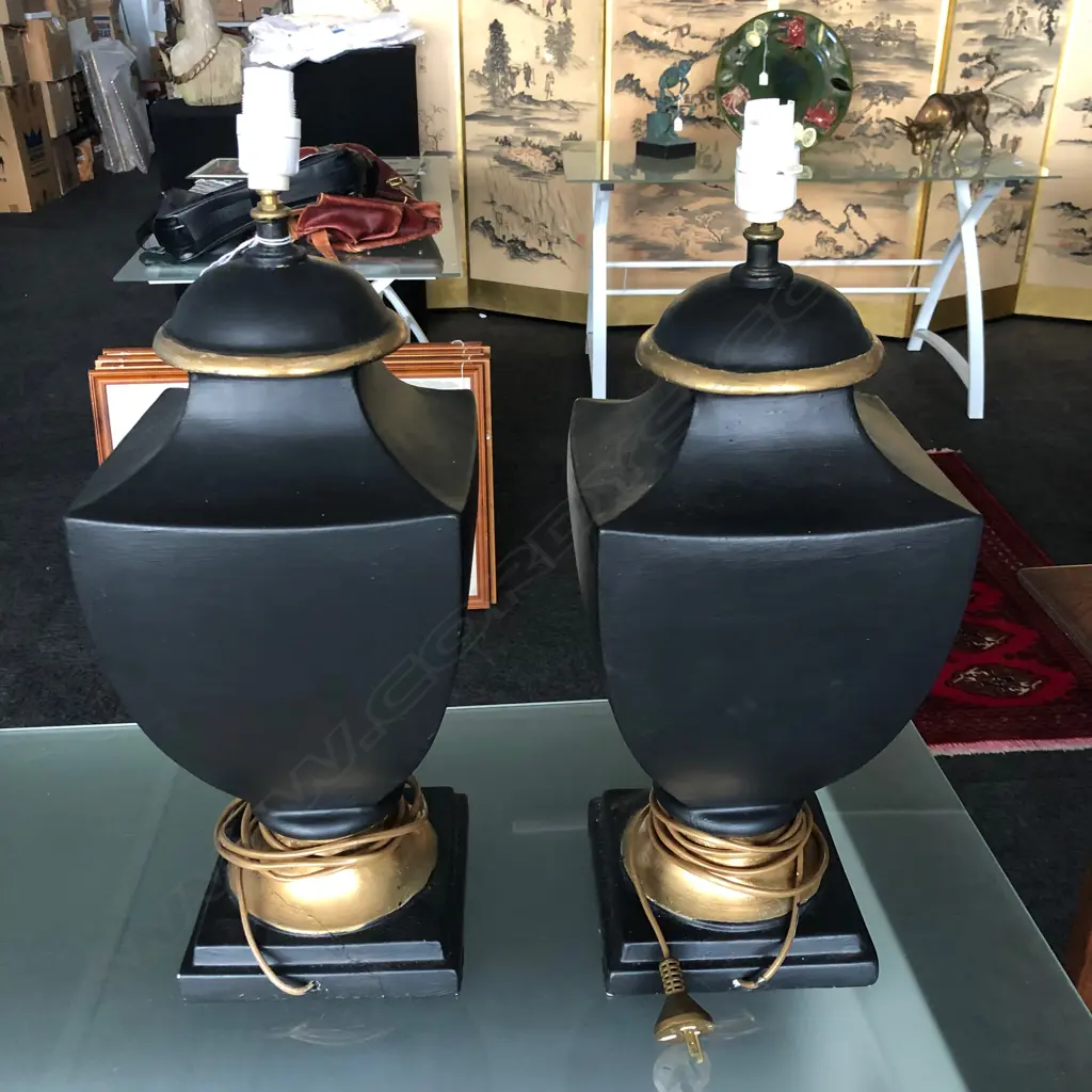 PAIR CLASSICAL LAMP BASES BLACK AND GILT CERAMIC  H.500 Image 1++