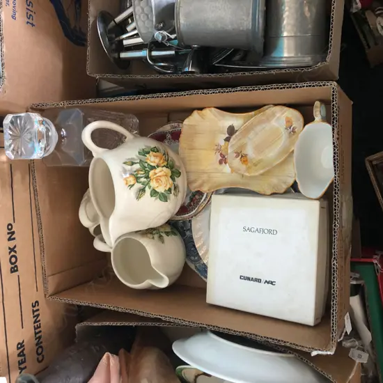 BOX LOT ASST. CHINA + DECANTER