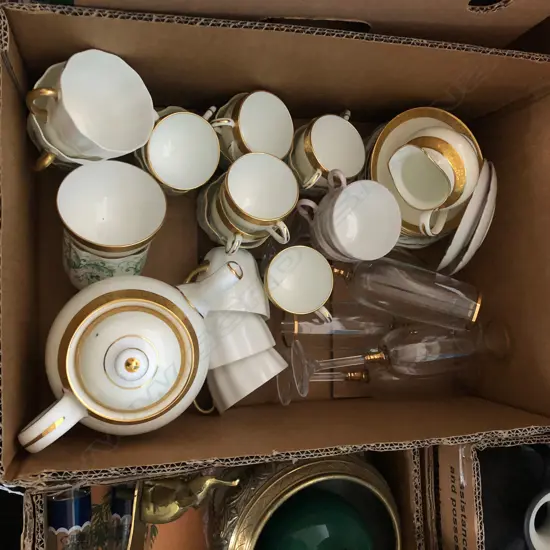 BOX LOT MINTONS DEMITASSE SET, SHELLEY, R/CROWN DERBY ETC