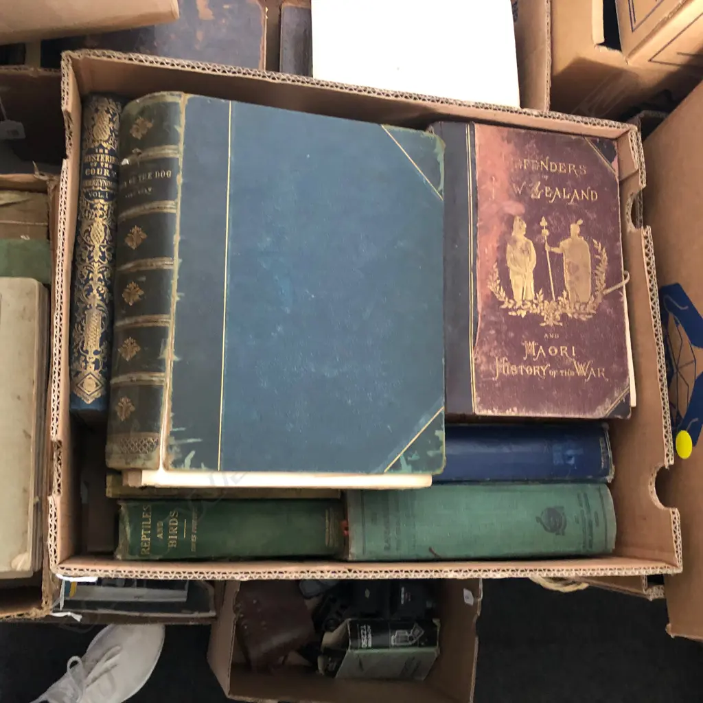 BOX LOT ANTIQUE BOOKS INCL. DEFENDERS OF NZ 1887 Image 1++