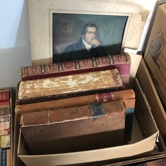 BOX LOT ANTIQUE BOOKS & PRINT 